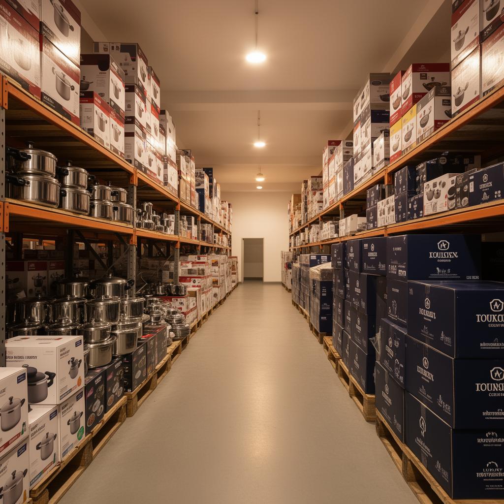 Organized kitchen cookware warehouse with branded packaging